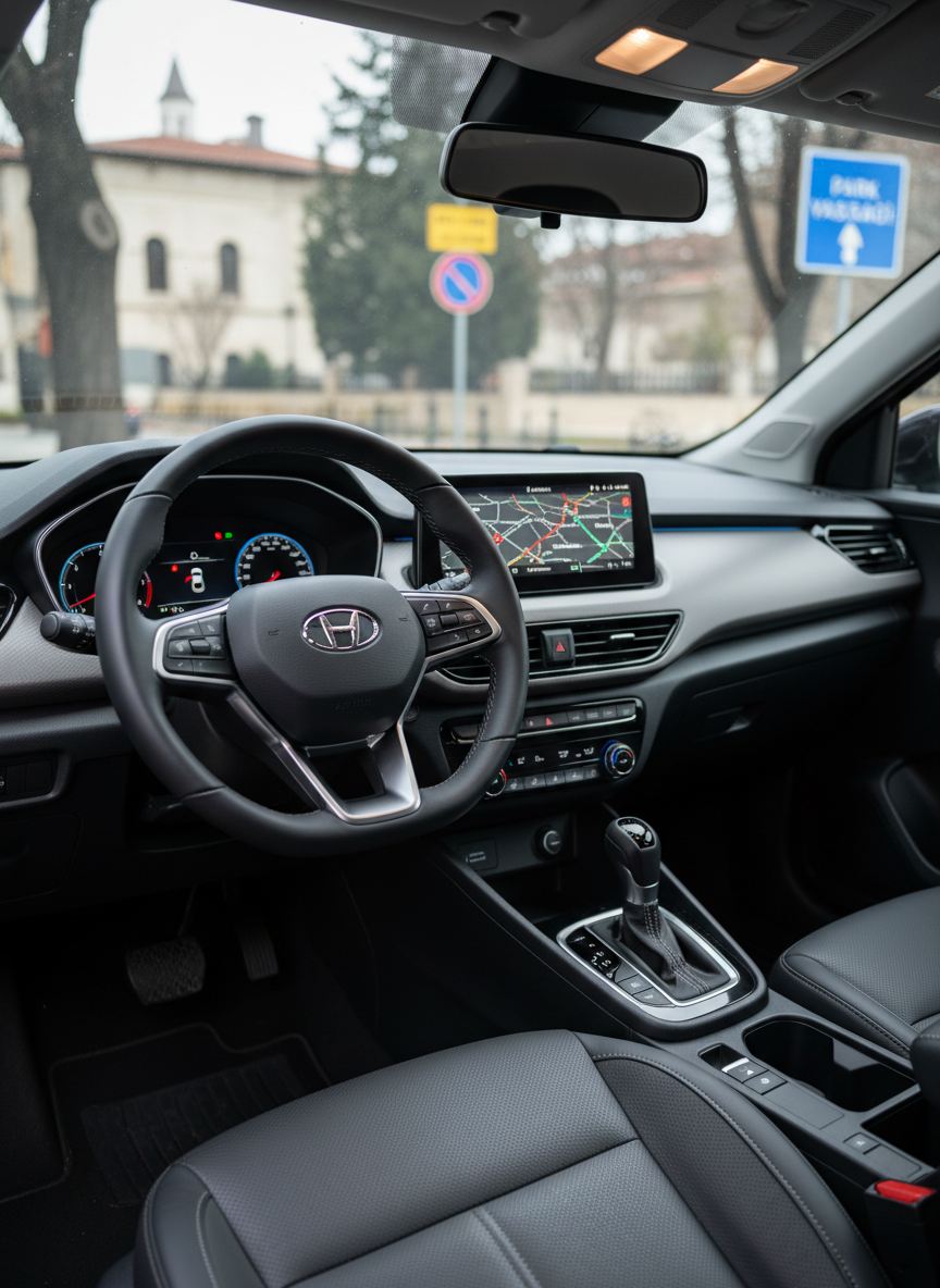 A close-up, photographic realism shot of a modern car interior prepared for rental, focusing on the center console and steering wheel of a late-model compact sedan. The dashboard displays a clean digital screen showing navigation of a Turkish city, while the gear selector, climate controls, and stitched black leather surfaces appear freshly detailed and dust-free. Natural daylight from the windshield softly illuminates the textures, creating gentle highlights on brushed metal accents and subtle shadows in creases of the seats. The background view through the windows is slightly blurred, suggesting city buildings and road signs in Turkish. The composition uses a shallow depth of field and a professional, calm mood, emphasizing comfort, cleanliness, and reliability for daily, weekly, or monthly rentals.