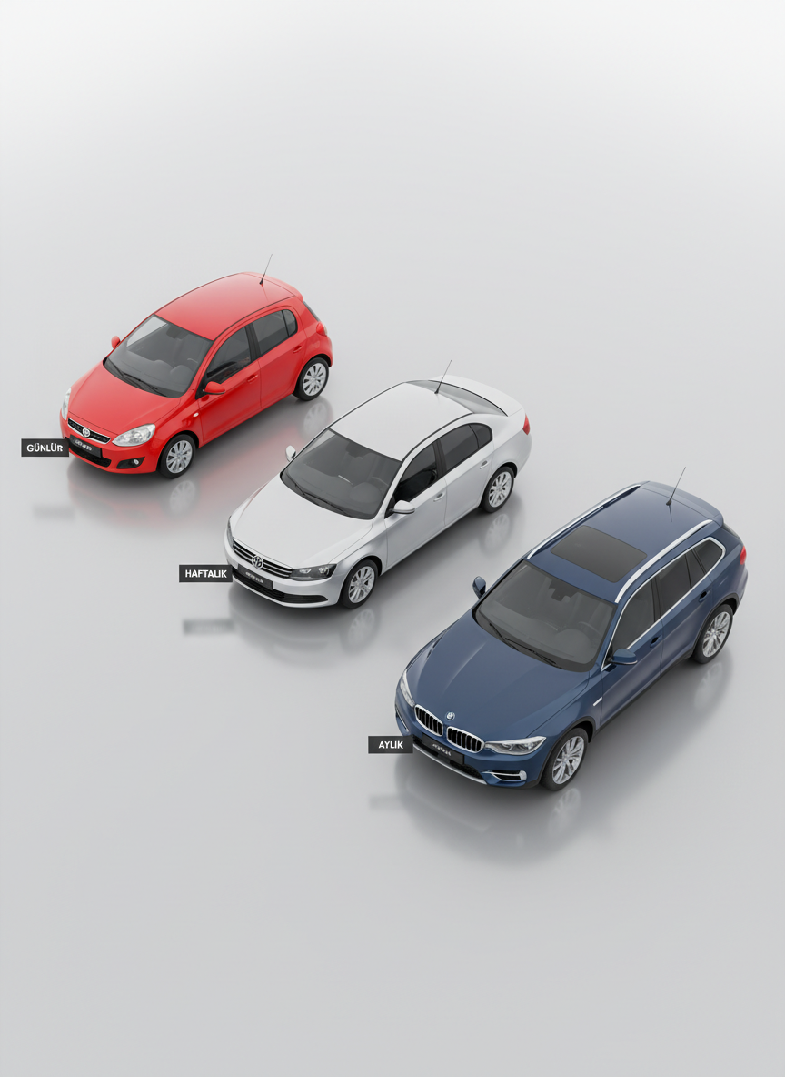 A bright, overhead photographic view of three different rental cars arranged diagonally on a smooth, light gray surface, representing daily, weekly, and monthly rental options in Türkiye. The first is a compact city car in vibrant red, the second a practical silver sedan, and the third a spacious dark blue SUV, each with a small, clearly visible icon or text near the front reading “Günlük”, “Haftalık”, and “Aylık”. Soft studio lighting from above eliminates harsh shadows while adding subtle reflections along the vehicles’ roofs and hoods. The background is clean and uncluttered, with a minimalist, professional aesthetic. The mood is clear, informative, and reassuring, ideal for explaining flexible rental durations on a business-focused website, without any human figures present.