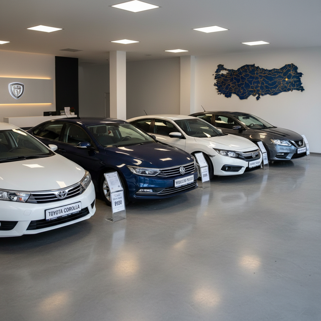 An organized indoor car rental office scene featuring a row of immaculate, mid-range sedans in white, dark gray, and navy blue parked on a clean, polished concrete floor. Each vehicle has a small information stand in front, showing clearly legible model and price details, captured in sharp photographic realism. Overhead, warm but neutral LED lighting evenly illuminates the cars, creating soft reflections on their bodies and subtle shadows beneath. In the background, a modern reception counter and a large wall map of Türkiye are slightly out of focus, hinting at nationwide service. The mood is professional, efficient, and reliable, with a wide-angle, slightly elevated viewpoint that clearly presents multiple rental options without any human presence.