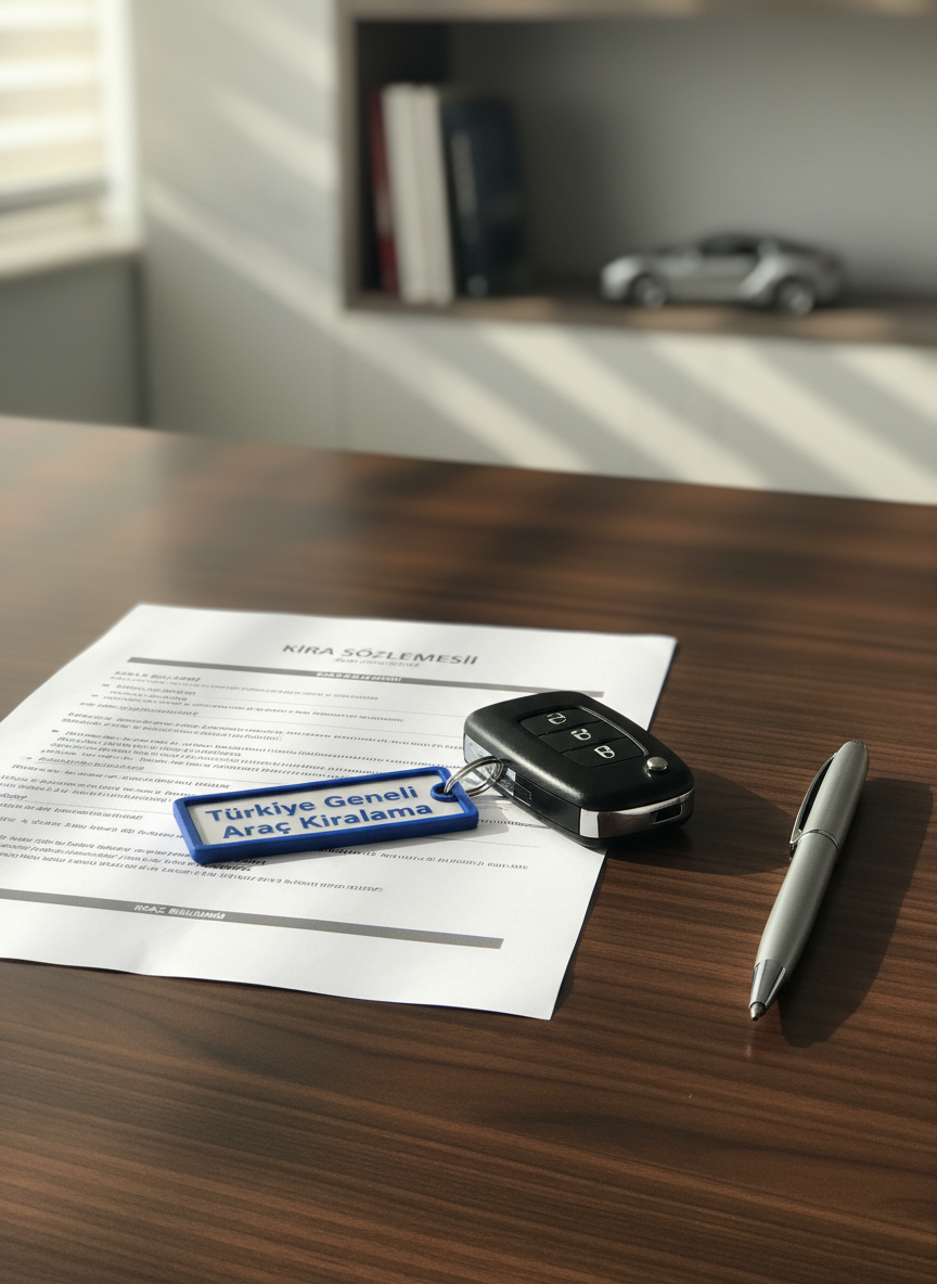 A detailed photographic realism image of a rental car key handover setup without any people, featuring a modern car key fob with lock, unlock, and trunk buttons resting on a smooth, dark wooden office desk. Beside it lies a neatly printed rental contract in Turkish, a branded key tag reading “Türkiye Geneli Araç Kiralama”, and a sleek pen placed precisely parallel to the paper. Soft, diffused daylight from a nearby window creates gentle reflections on the key’s glossy black plastic and metallic edges, while casting subtle shadows on the desk’s fine wood grain. The background is slightly blurred, hinting at a minimalist office interior with clean shelves and a small model car. The mood is professional, transparent, and trustworthy, ideal for illustrating the rental process.