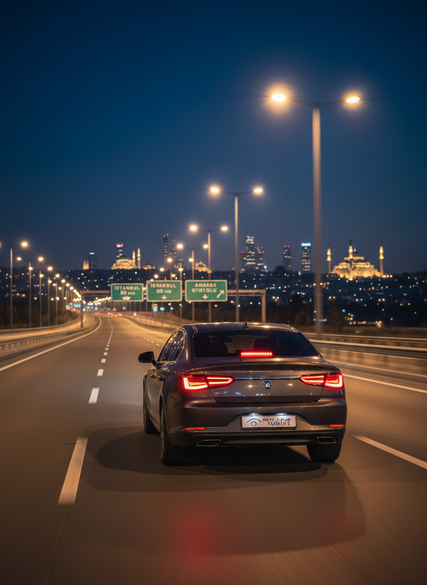 A nighttime highway scene in Türkiye featuring a dark gray rental car cruising smoothly along a well-lit, modern motorway with Istanbul’s skyline softly glowing in the distant background. The car is the primary focus, captured from a low rear three-quarter angle, its taillights forming crisp red lines against the deep blue evening sky. Overhead streetlights cast rhythmic pools of warm light on the asphalt, creating dynamic reflections along the car’s sides. Traffic lanes and directional signs in Turkish are visible but slightly blurred, conveying motion. The atmosphere is professional and confident, suggesting reliable long-distance travel across the country. Photographic realism with a cinematic, wide-angle composition emphasizes safety, stability, and the freedom of nationwide car rental, with no people in sight.